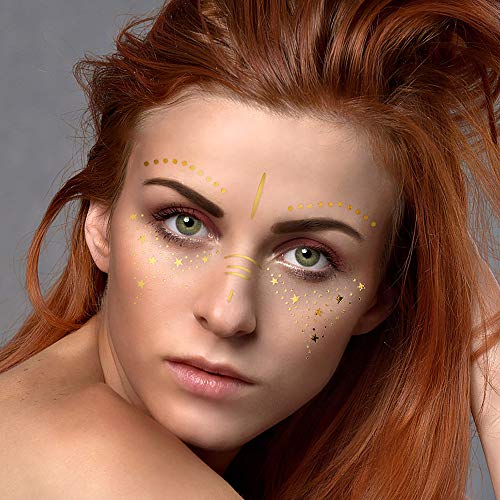 7 Sheets Face Metallic Tattoo Stickers Gold Face Temporary Tattoos Freckle Sticker For Women Girls Halloween Make Up Cosplay (15 Styles) #TOP6