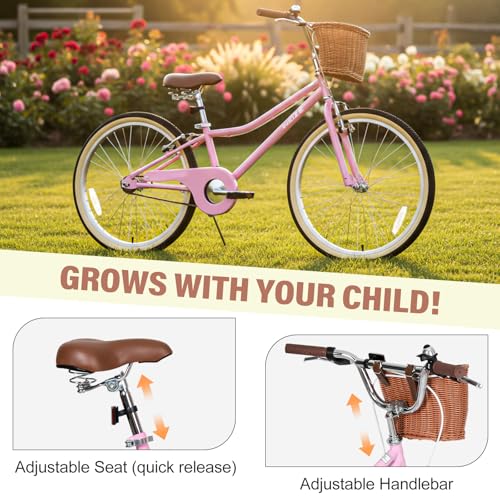 Image of WEIZE Beach Cruiser Bike, 24 Inch Kids Bike with Basket and Kickstand, Retro Style Childrens Bicycle for Teen Girls, Lightweight Steel Frame, Pink