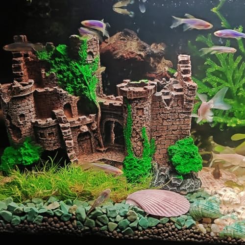 Image of Mipukbay Green Aquarium Decor Castle, Resin Fish Tank Decoration Ornament for Freshwater /Saltwater, Safe Landscape Rock Cave Hideout for Betta Fish, Goldfish and Aquatic Pets