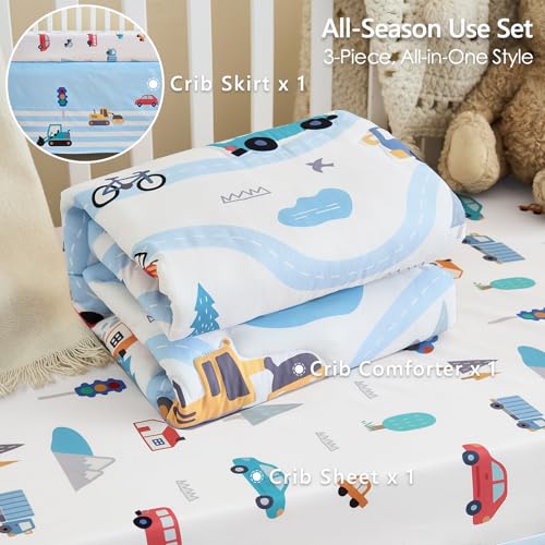 Image of 3-Piece Crib Bedding Set for Boys Girls - Ultra Soft & Skin Friendly Baby Bedding Set Includes Crib Comforter, Sheet & Crib Skirt(Vehicle)