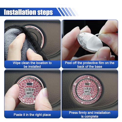 Image of Bling Crystal Car Engine Start Ring Sticker, Sparkling Rhinestone Push Start Button Decorative Cover, Anti-Scratch Key Ignition & Knob Bling Ring Car Interior Accessories for Women (Pink)