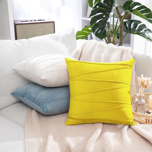 Image of Khooti Velvet Striped Cushion Cover Pack of 1-34 inchX34 inch /86X86 Cm | Lemon Yellow | Soft Pillow Covers Cushion Case for Sofa Bedroom Living Room Chair Car, Cushion Cover with Zig Zag Pattern