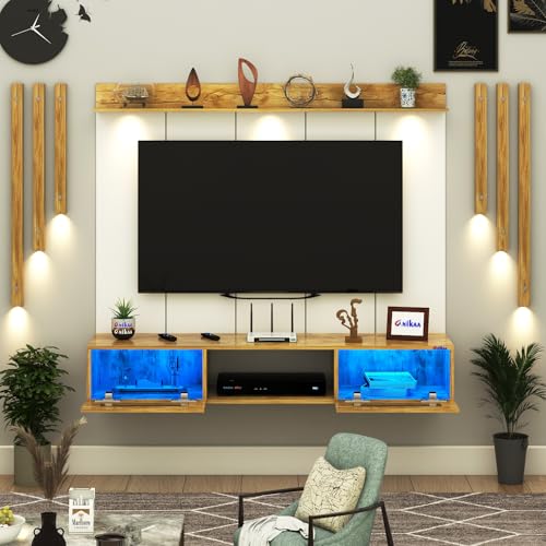 Image of Anikaa OriloPro Engineered Wood Wall Mount TV Unit with PVC Back Panel, Acrylic Blue LED Storage Box, Side Wooden Accent Spot Light Panels I Deal for Up to 50 Inch TV (Giantwood - DIY Installation)