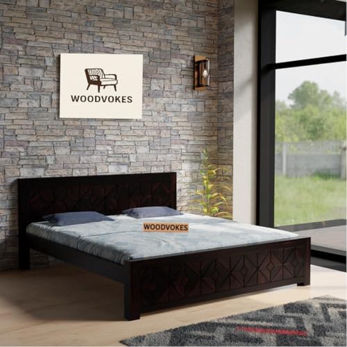 Image of Sheesham Wood Queen Size Bed Without Storage Solid Wooden Cot Double Bed for Bedroom Living Room Home Palang (Walnut)