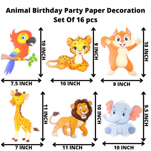 Image of Party Decorz Animal /Jungle /Safari Theme Birthday Paper Decoration Set Of 16pcs(1pcs Happy Birthday Banner +12pcs Animal Paper Cutout +2pcs Props +1pcs Cake Topper)For Kids Animal Theme Birthday Party