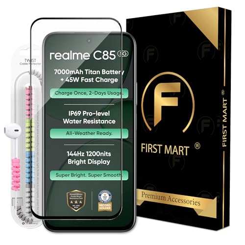 Image of FIRST MART Military Grade Gorilla Tempered Glass for Realme C85 with Edge to Edge Coverage, Cable Protector and Easy Installation kit