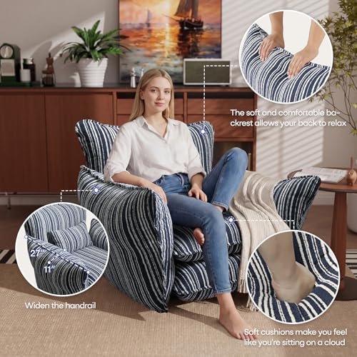 Image of Chenille Accent Chair with Lumbar Pillow, Blue Stripe, Wide Armrests, Deep Seat, 7 Inch High-Density Foam, 350 lbs Capacity