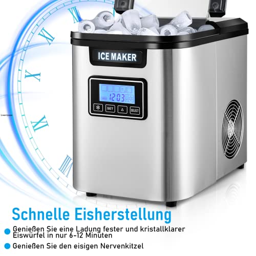 Cecaylie Eiswürfelmaschine Edelstahl 12 kg 24 h Eiswürfelbereiter 150W Ice Cube Maker, 3 Würfelgrößen Zubereitung in 6… – Bild 5