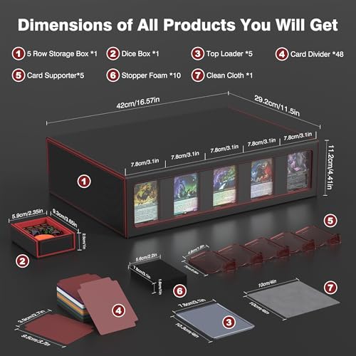 Image of Kabinka MTG Card Storage Box with Handle & Mechanical Latch,5-Row 3900+ Commander Trading Card Case with Sealed Display Window,Top Loaders Organizer Deck Box for MTG /TCG /PTCG /Sports Cards (Black Red)