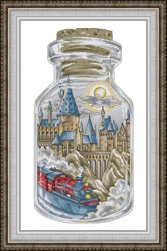 Image of CrossNest 14CT Counted Cross Stitch Kit for Beginners, Unprinted Complete DIY Embroidery Set with Pattern & Tools, Premium Aida Cloth & Threads (The Magic School in the Bottle)