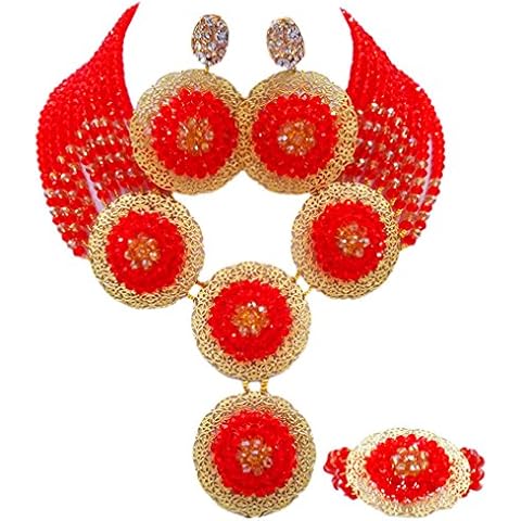 aczuv African Beads Jewelry Set 2017 Nigerian Wedding Necklace and Earrings for Women (Red and Gold AB) Cover