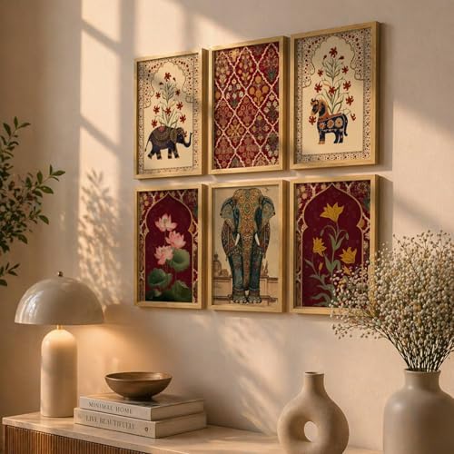 Image of PAINTINGMANTRA Madhubani Paintings for living room, Floral Royal elephant Madhubani wall art paintings with frame for bedroom, office and home, Set of 6, 13x18 Inch