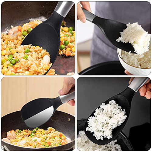 Doitool Silicone Utensil Rest Siliocne Rice Paddle Non- Stick Serving Rice Spoon Mashed Potato Scoop Spatula With Stainless Steel Hnadle Household Kitchen Tools Black Japanese Rice Cooker #TOP4
