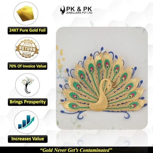 Image of Pk & Pk Jewellers Dancing Peacock with Blue Tabletop | 24KT Gold Square Frame | Extra Small Size [14x14 cm] (For Premium Luxury Gift, Home Decor, Table Decoration)
