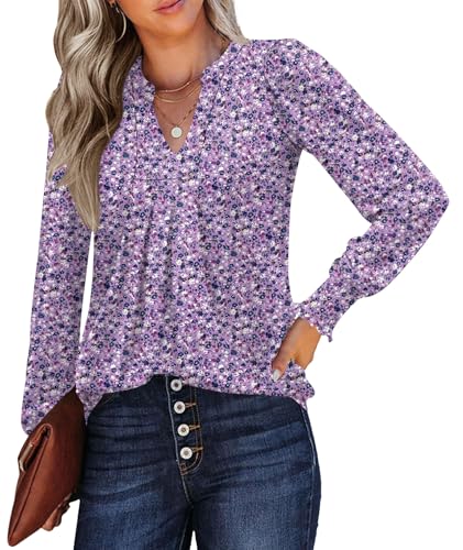 Rapbin Blusas para mujer, cuello en V, manga larga, plisadas, puños con volantes, camisetas casuales elegantes, Morado y blanco floral, XL