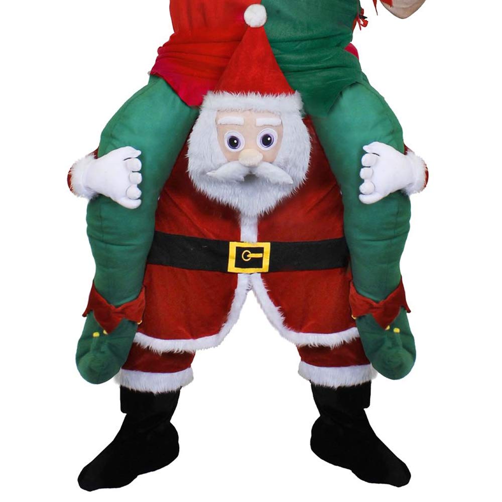 DISFRAZ DE ELFO SOBRE LOS HOMBROS DE SANTA CLAUS - INCLUYE: TRAJE DE PAPÁ NOEL DE UNA PIEZA DE LUJO CON PIERNAS AFELPADO, VESTIDO DE ELFO VERDE, CINTURÓN, COLLAR Y GORRO NAVIDEÑO - GRANDE