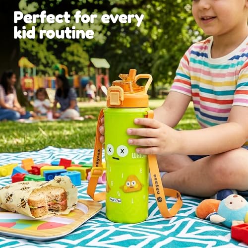 Image of Nayasa Kiddy Duo-Sip Insulated Inner Steel Kids Water Bottle 700-635ml | Dual Drinking Options | BPA-Free & Food Safe | Wriggly Jiggly Print | With Strap, Carry Handle - Green