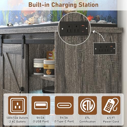 Image of Hlivelood Farmhouse 20 Gallon Fish Tank Stand with Power Outlet, Aquarium Stand w /Cabinet&Sliding Barn Door, Heavy Duty Reptile Tank Stand for Fish /Turtle /Reptile Terrarium, 1000LB Capacity, Grey