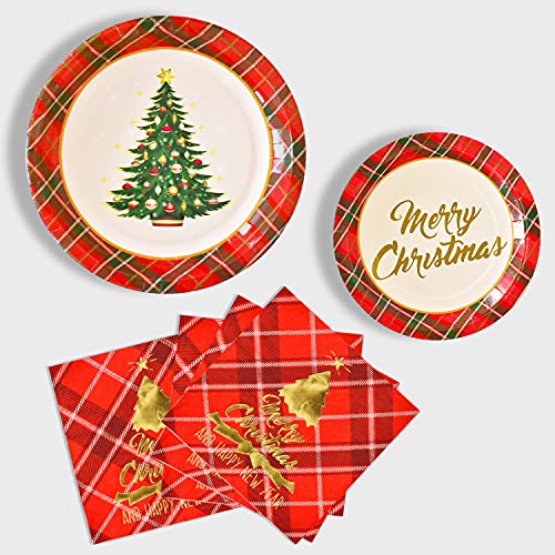 Gatherfun Christmas Party Supplies Christmas Tree Red Plaid Disposable Paper Dinner Plates Dessert Plates And Napkins For Merry Christmas Party, Serve 20 #TOP2