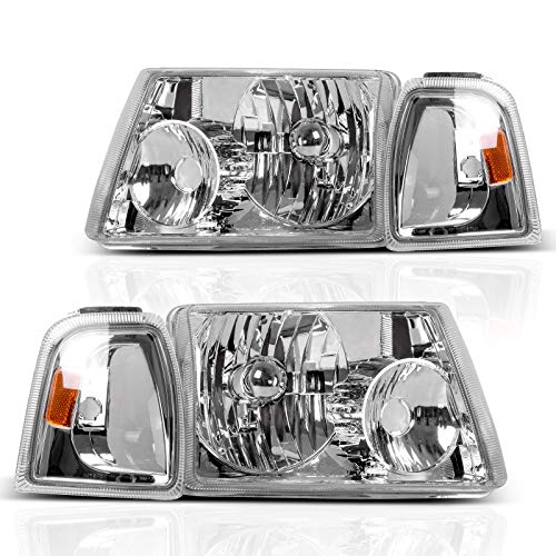 DWVO Headlight Assembly Compatible with 2001-2011 Ford Ranger Headlamp+Corner light Chrome Housing Clear Lens Amber Reflector