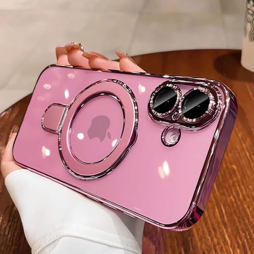 Image of Magnetic Ring Case for iPhone 16 Case Kickstand Compatible with MagSafe Built-in Camera Lens Protector Shockproof Phone Case for iPhone 16 6.1 inch - Pink