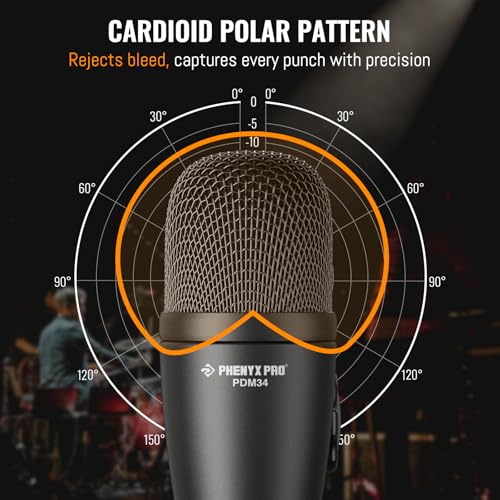Image of Phenyx Pro PDM34 Snare Drum Mic, Cardioid Dynamic Microphone with Clip-on Microphone Clamp, Integral Stand Mount, and Long-Lasting Metal Housing
