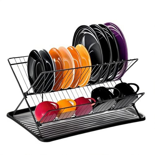Abtropfgestell Geschirr, Geschirrabtropfgestell Edelstahl, Utensilienhalter, mit Abnehmbare Wasserauffangschale, Zusammenklappbarer X-Form Dish Drying Rack, für Besteck, Teller, Geschirr, Tassen