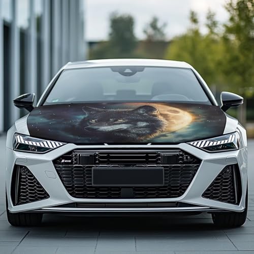Image of Car Hood Cover Protector,Wear-Resistant Dust-Proof Print Hood Covers for Cars,Universal Accessories for Decoration Black Wolf Moon Pattern