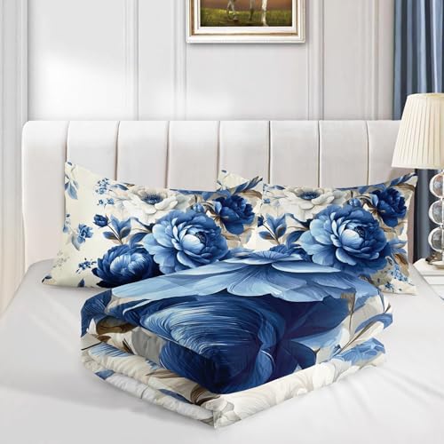 Image of AILONEN Blue and White Floral Comforter Full Size with 2 Pillowcases,Elegant Peony Bedding Set 3Pcs for Women Girls,Romantic Flowers Print Quilt Set for Home Decor
