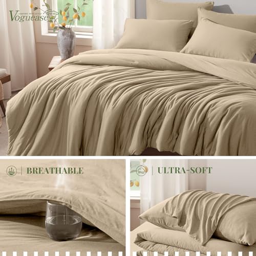 Image of Full Size Comforter Set, Comforters Full Size Luxury Ultra-Soft Jersey Knit Bedding Sets, Khaki Lightweight Down Alternative Bed Comforter for All Season, 3 Piece Bedding Set