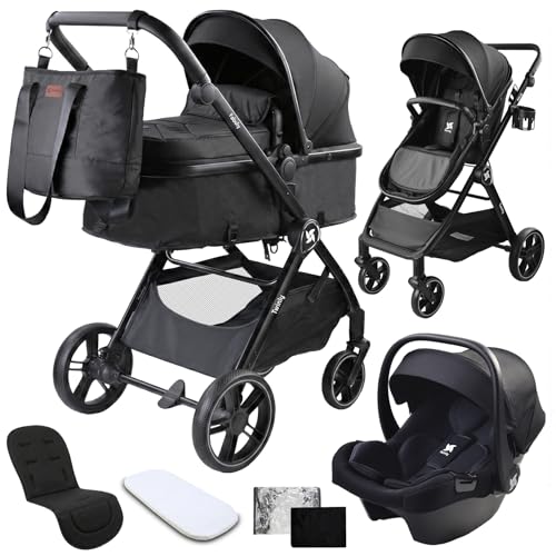 Twinly Carrito de Bebe 3 en 1 – Carro Bebe 3 Piezas Convertible con Grupo 0 (i-Size), Capazo y Silla de Paseo – FABULY – Plegable y Ligero con Bolso, Plástico Lluvia y saco – (Negro)