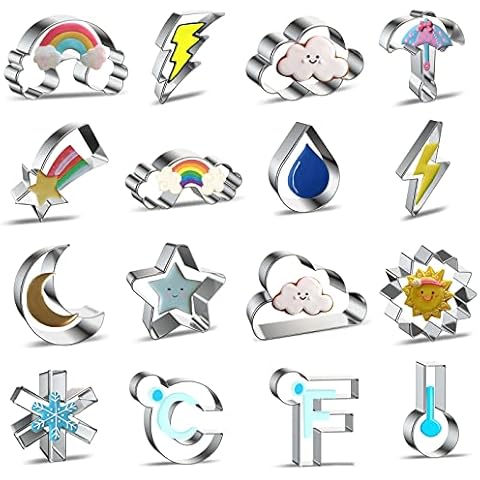 Weather Cloud Cookie Cutter Shapes Set for Baking - Rainbow Cloud Lightning Sun Star Moon Meteor Snowflake Raindrop Umbrella Shaped Small Cookie Cutters Biscuit Mold - Stainless Steel Metal 16 Pieces Cover