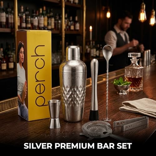 Image of O' Holic by Perch Craft 6-Piece Stainless Steel Bartender Kit|Premium Cocktail Shaker Set with Jigger 30 /60ml, Spoon,Ice Tong, & Bar Tools|Professional Bar Set for Home &Tour Parties|Silver