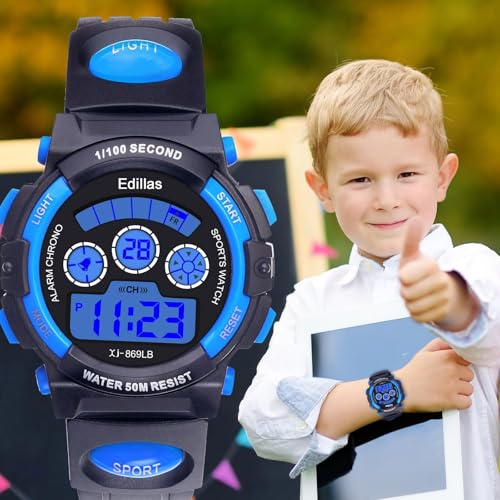 edillas kids watches boys digital 7 colors led lights 50m waterproof wristwatches for children students teenagers sport outdoor multifunctional with stopwatchalarm ages 7-15