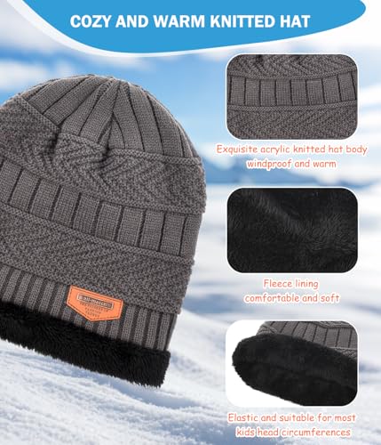 Image of Kids Winter Hat Scarf&Touchscreen Gloves Set,Knitted Beanie with Fleece Lining, Neck Warmer for Boys Girls 4-15 Years