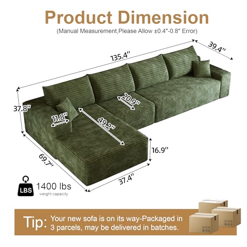 Image of 96 inch Sectional Couches for Living Room Cloud Couch Sofa with L-Shape Upholstered Boneless Couchs Modern Modular Sectional Couch with Chaise