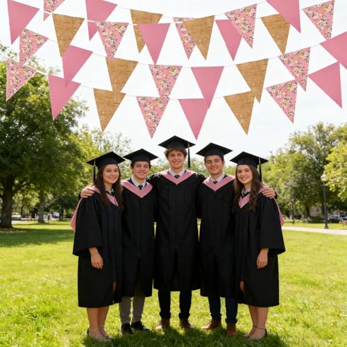 Image of Zwiebeco 39Ft Pink Floral Fabric Pennant Banner Vintage Burlap Triangle Flag Cotton Retro Flower Bunting Party Decoration for Birthday Engagement Wedding Bridal Baby Shower Rustic Village Garden Decor