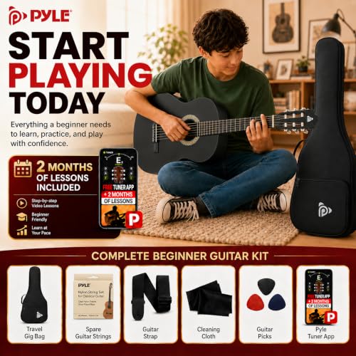 Image of Pyle 30-Inch Beginner Acoustic Guitar Kit, 1 /4 Size Junior Classical Nylon String Guitar for Kids and Adults, Includes Gig Bag, Strap, Spare Strings, Picks, Cleaning Cloth, 18 Frets, Black, Matte