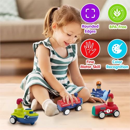 Image of Kidology Pull-Back Vehicle Toys Cars for Toddlers, Friction-Powered Press & Go, Early Learning, Cognitive, Motorskills Development, Ideal Gift for Babies Kids, Boys /Girls, Ages 3+ Years - Pack of 4