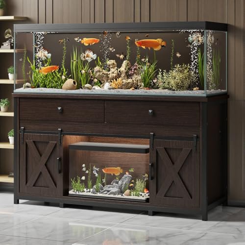 75-120 Gallon Aquarium Stand with Power Outlet - Sturdy Fish Tank Stand, Premium Wood-Textured Fabric Drawer Pulls, 1200-Pound Load-Bearing Capacity, Walnut