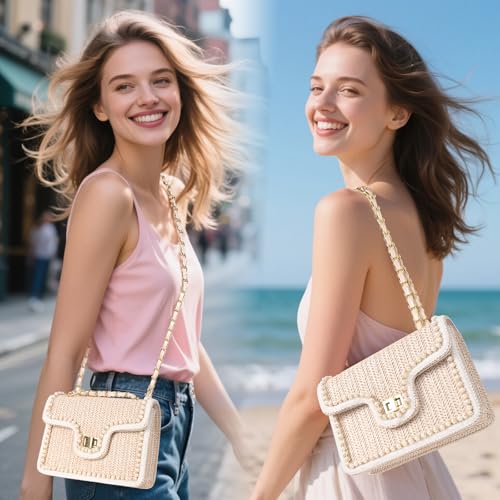 Straw Crossbody Bags for Women Summer Pearl Straw Clutch Purse Woven Shoulder Bag Vacation Handbags2