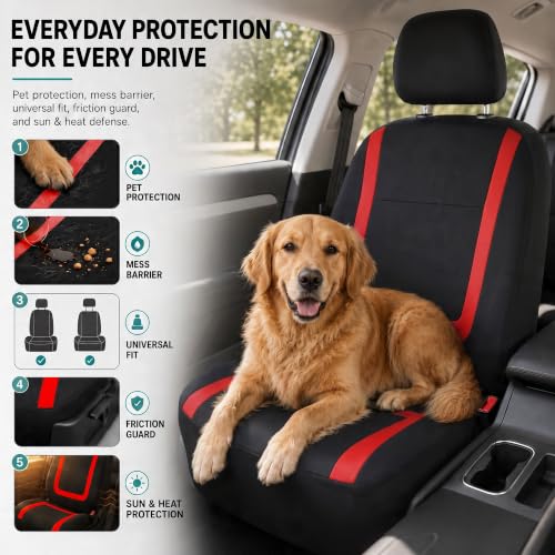 Image of FH Group Car Seat Covers for Low Back Seats, Universal Fit Cloth, Red - Front Set, Removable Headrest, Washable, Automotive Seat Covers for SUV, Sedan, Van