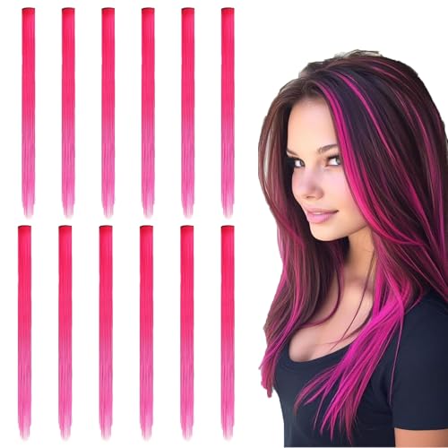 HaarsträHnen Zum Einklipsen 55cm, 12 Stück Pinke HaarsträHnen, Modische Pinke SträHnen Clips, Clip In Extensions Glattes Haar Und Lockiges Haar, Bunte Strähnen Für Party Festival