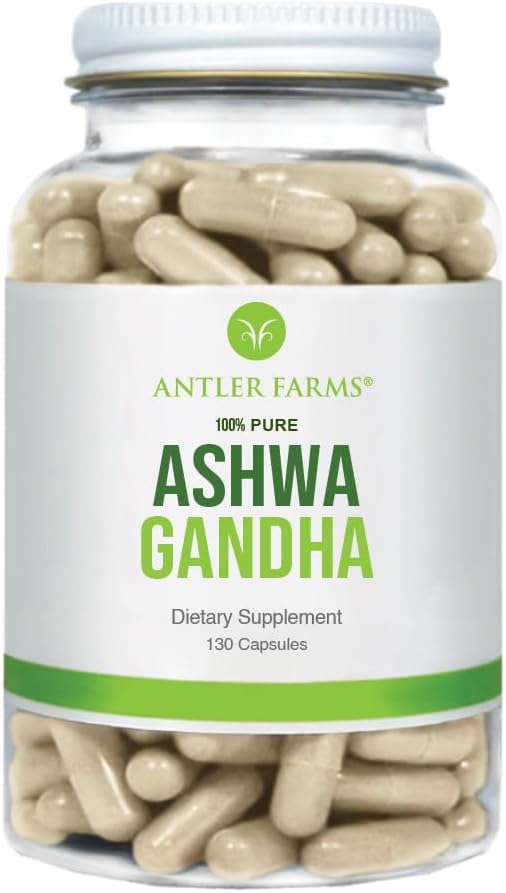 Antler Farms - Extracto de raíz de Ashwagandha orgánico 100% puro y raíz de Ashwagandha, 130 cápsulas, 1200 mg - Std. a 5% withanolides, aumenta el