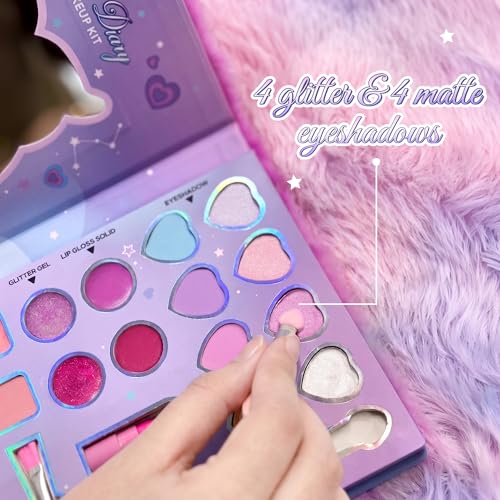 Image of Princess by RENEE Dear Diary Makeup Kit For Kids & Preteens | With 8 Eyeshadows, 2 Blushers, 2 Lipsticks, 2 Lip Gloss Solid, 2 Glitter Gels, 3 Brushes | Dermatologically Tested, Easy To Wash | 1 Unit