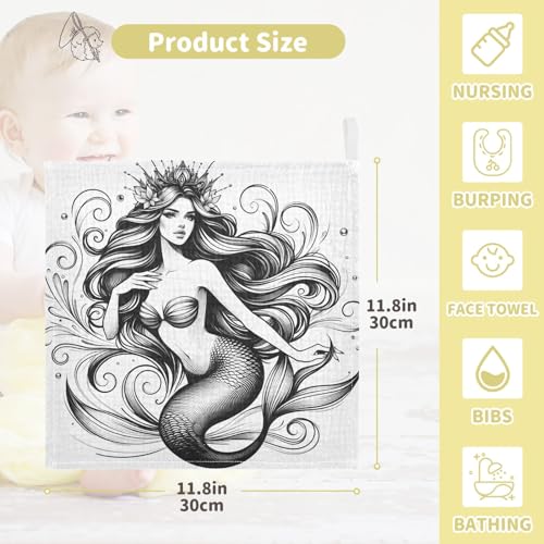 Image of Bolaz Washcloths Set Bathroom Kitchen Wash Cloths Face Towels Wipes Mermaid Sketch Decorative 12x12 Inch 5 Pack