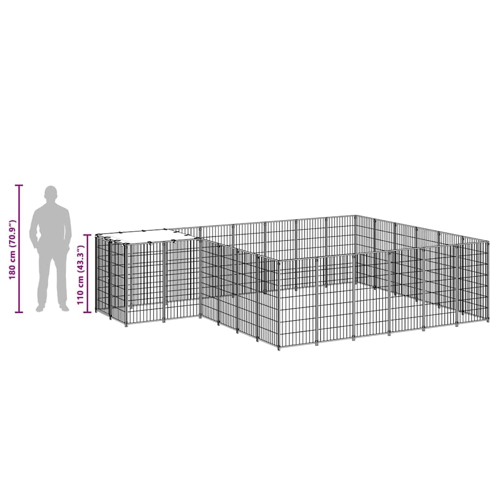 Perrera negra de acero de 12,1 m² con techo resistente al agua, puerta con cerradura, resistente cercado para jardín y exterior, salida segura y protección para cachorros y perros