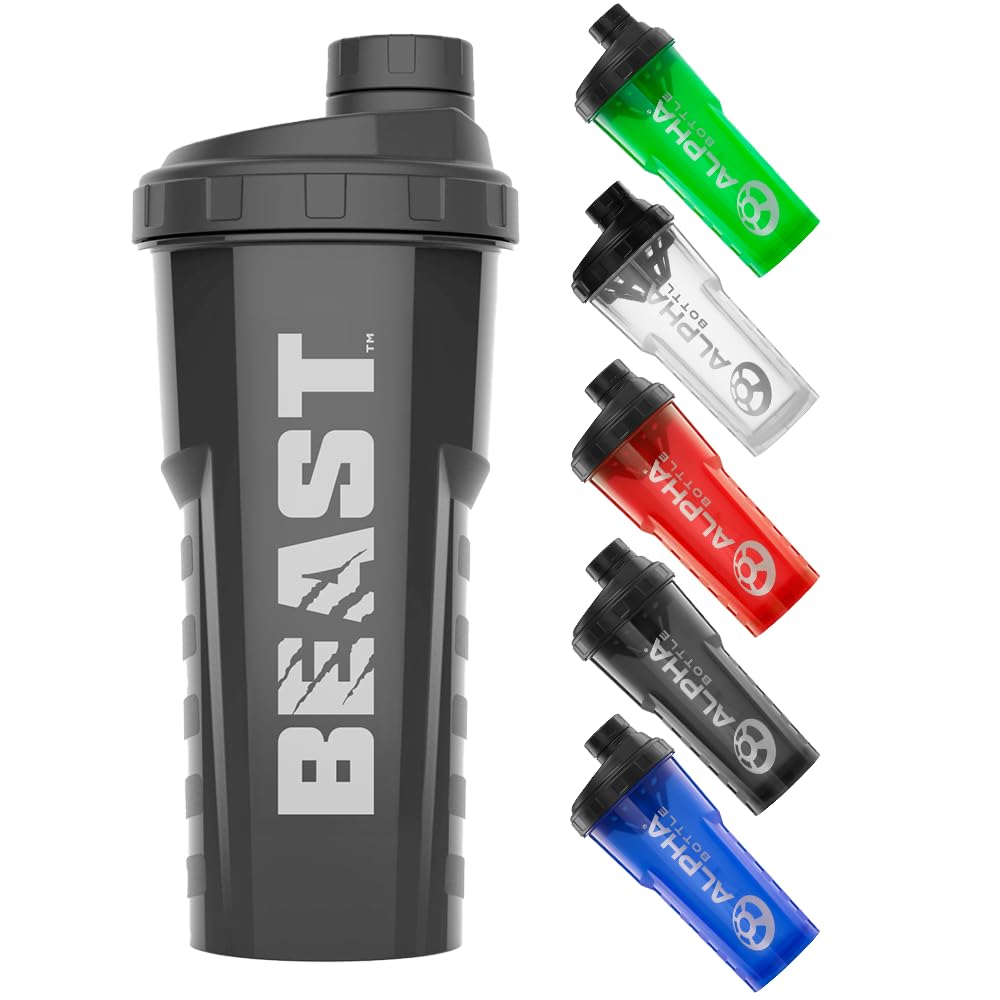 Alpha Designs Beast Protein Shaker Bottle 750ml - Gym Gifts for Men & Women - 0.75L Gym Bottle for Protein Shakes - Leakproof Screw Cap - Black