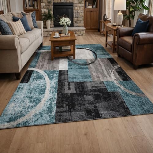 Tapis géométrique vert gris blanc noir 150x150 cm lavable - 2