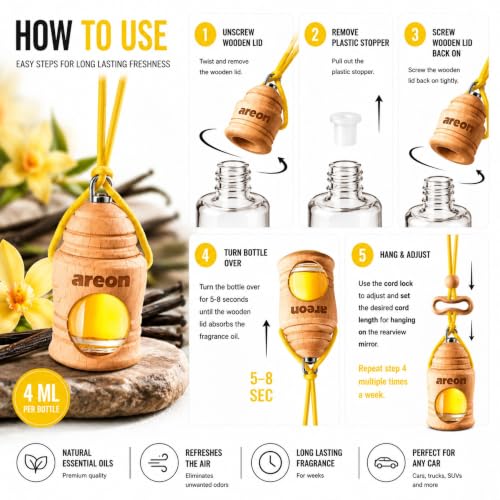 Image of AREON Fresco Premium Hanging Car Air Freshener, Vanilla, Pack of 1 | Premium Wooden Hanging Car Air Freshener with an Elegant, Compact Design. Suitable for Use in Cars, SUVs, Vans, and Trucks.